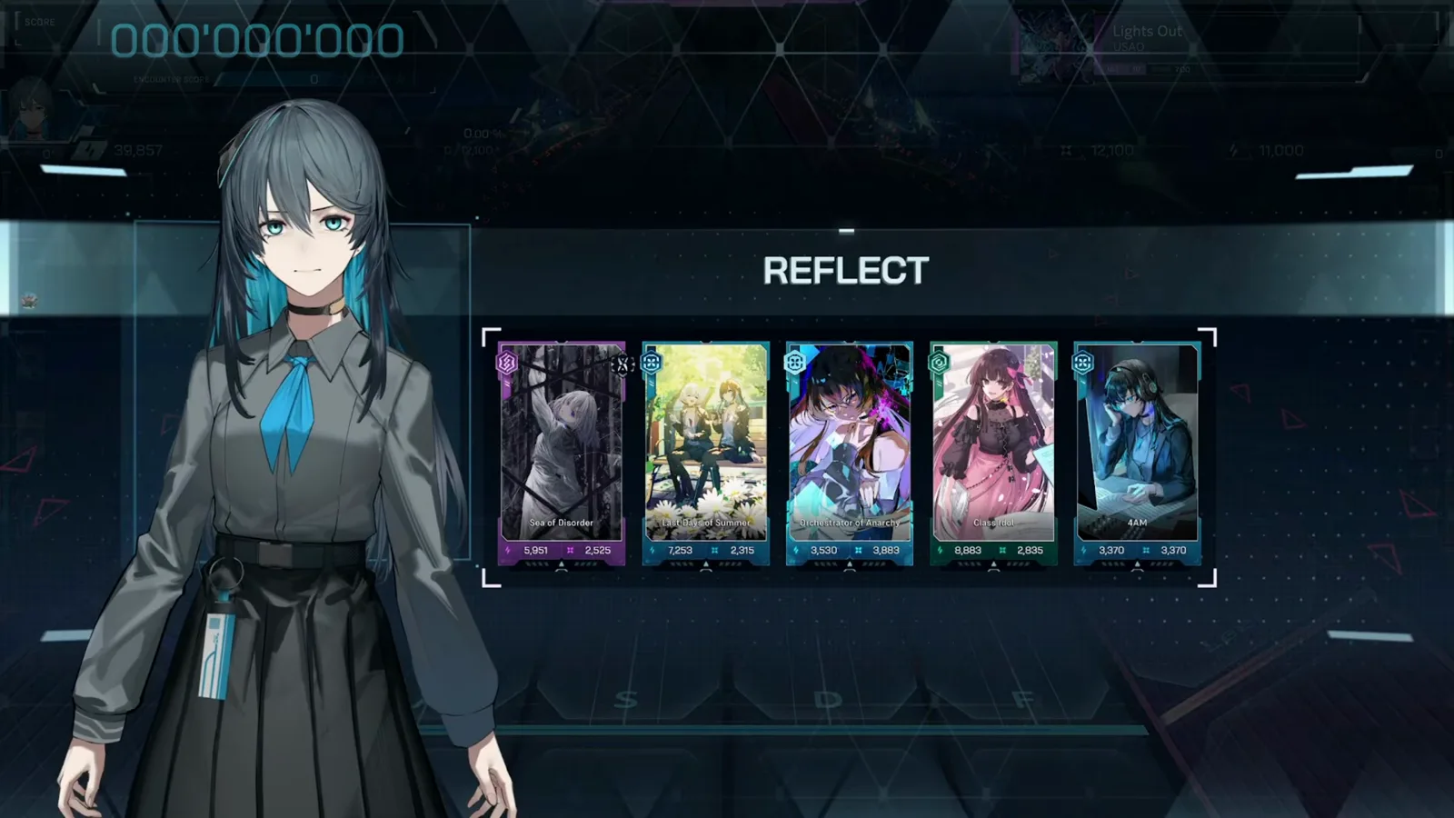 The REFLECT screen presents the five-card dive hand beside the host before Lights Out ULT 10 begins in In Falsus The REFLECT screen presents the five-card dive hand beside the host before Lights Out ULT 10 begins in In Falsus