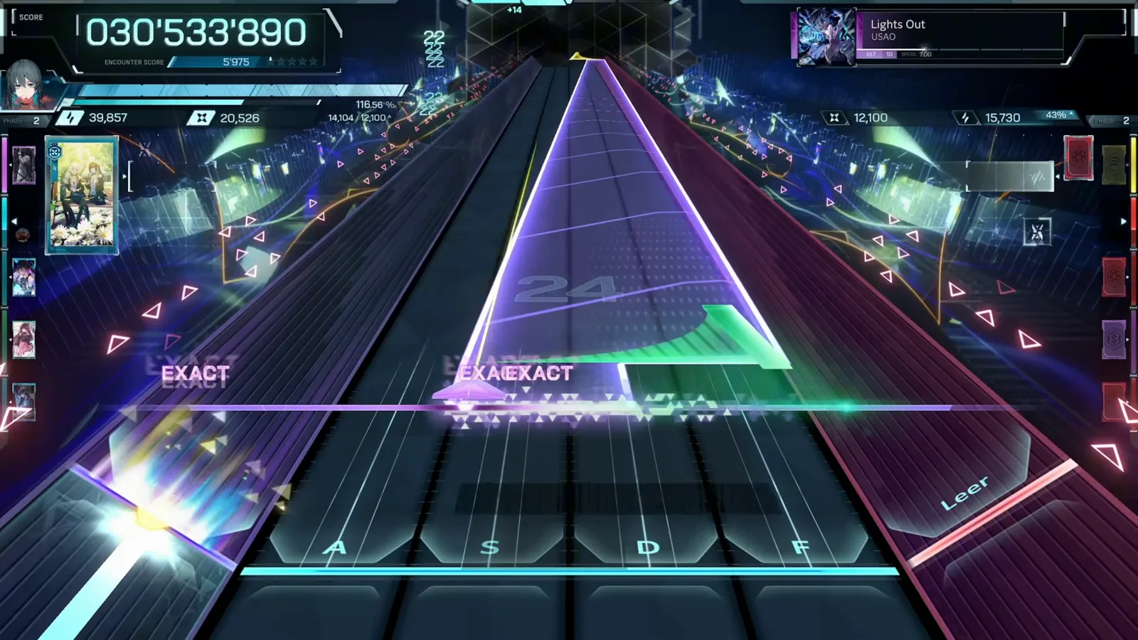 A violet triangle and a green wedge cross at 030 533 890 in phase 3 of Lights Out ULT 10 in In Falsus A violet triangle and a green wedge cross at 030 533 890 in phase 3 of Lights Out ULT 10 in In Falsus