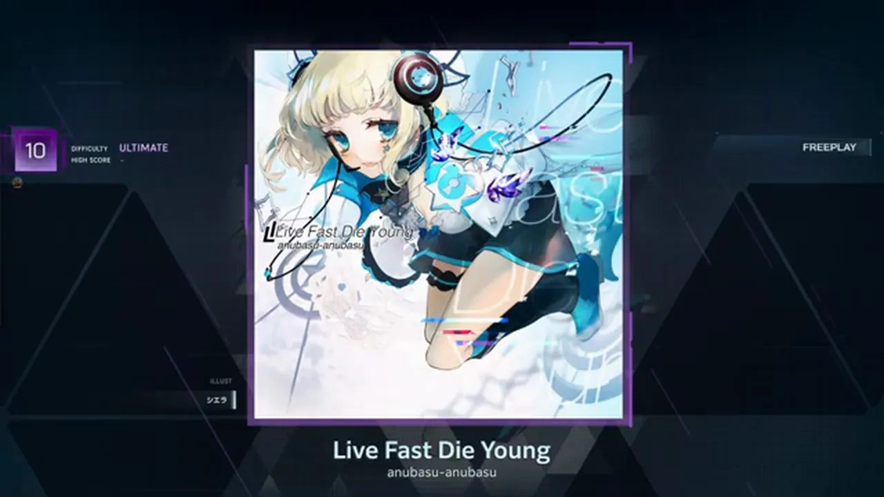 In Falsus' gate for Live Fast Die Young shows DIFFICULTY ULTIMATE 10 with the HIGH SCORE row still an empty dash