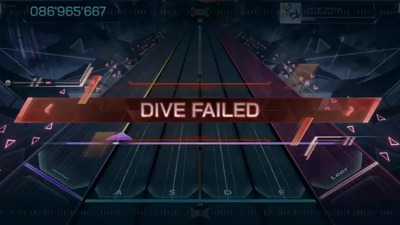The DIVE FAILED banner crosses an emptied In Falsus field with the HUD frozen at 086'965'667 after the final note