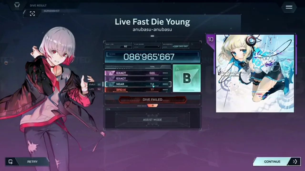 Live Fast Die Young's In Falsus card settles at 086'965'667 rank B with EXACT 686 + 151, NEAR 114, BREAK 77 judged