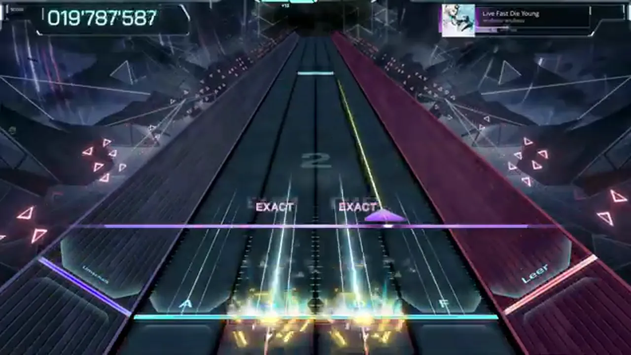 Gold hexagonal holds discharge along the lower lanes beside two EXACT tags at 019'787'587 in Live Fast Die Young ULT 10