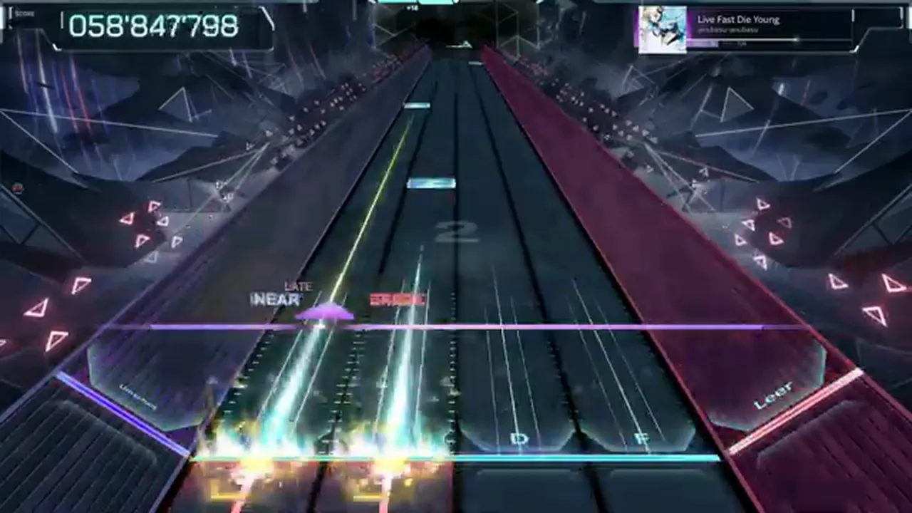 A LATE-tagged NEAR and a red penalty tag sit mid-highway at 058'847'798 in Live Fast Die Young ULT 10 in In Falsus