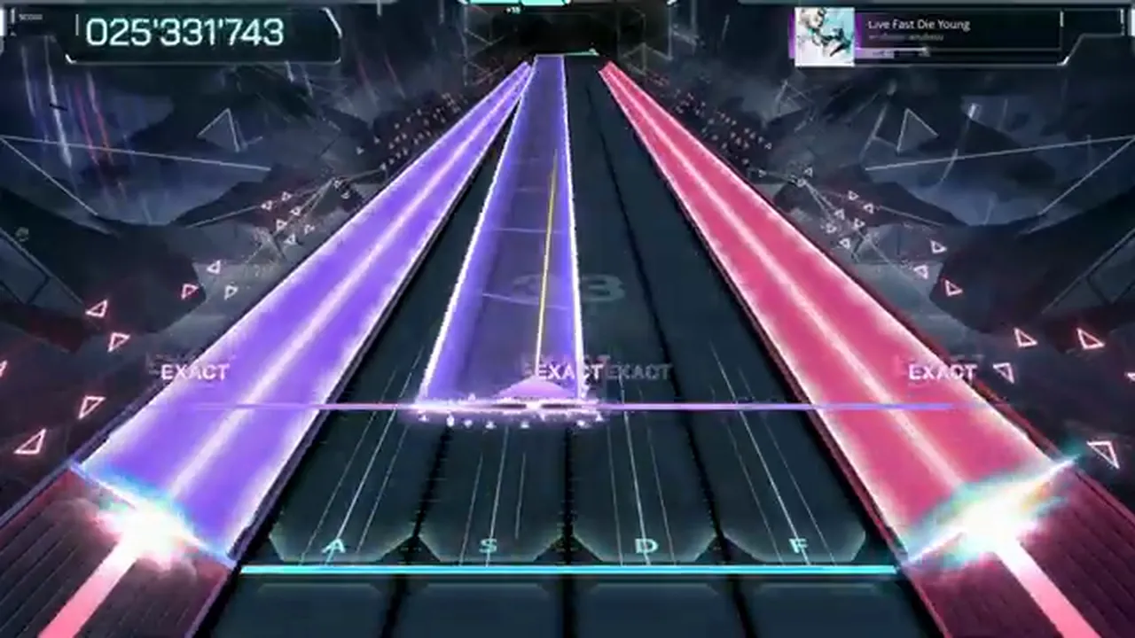 Twin violet fans and a pink beam fill the In Falsus highway under three EXACTs at 025'331'743 in Live Fast Die Young