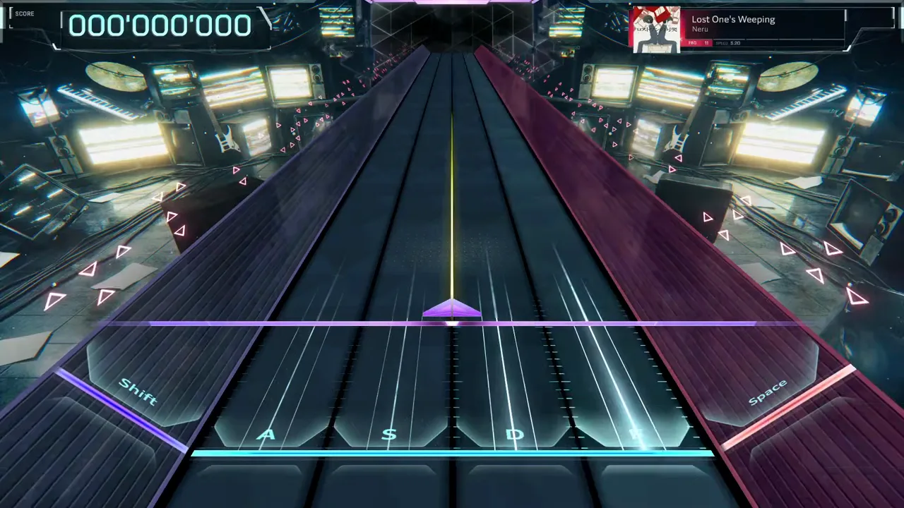 In Falsus restarts Lost One's Weeping FBD 11 with the HUD reset to 000'000'000 after an on-camera RETRY, the Neru song chip riding the top-right corner of the empty highway
