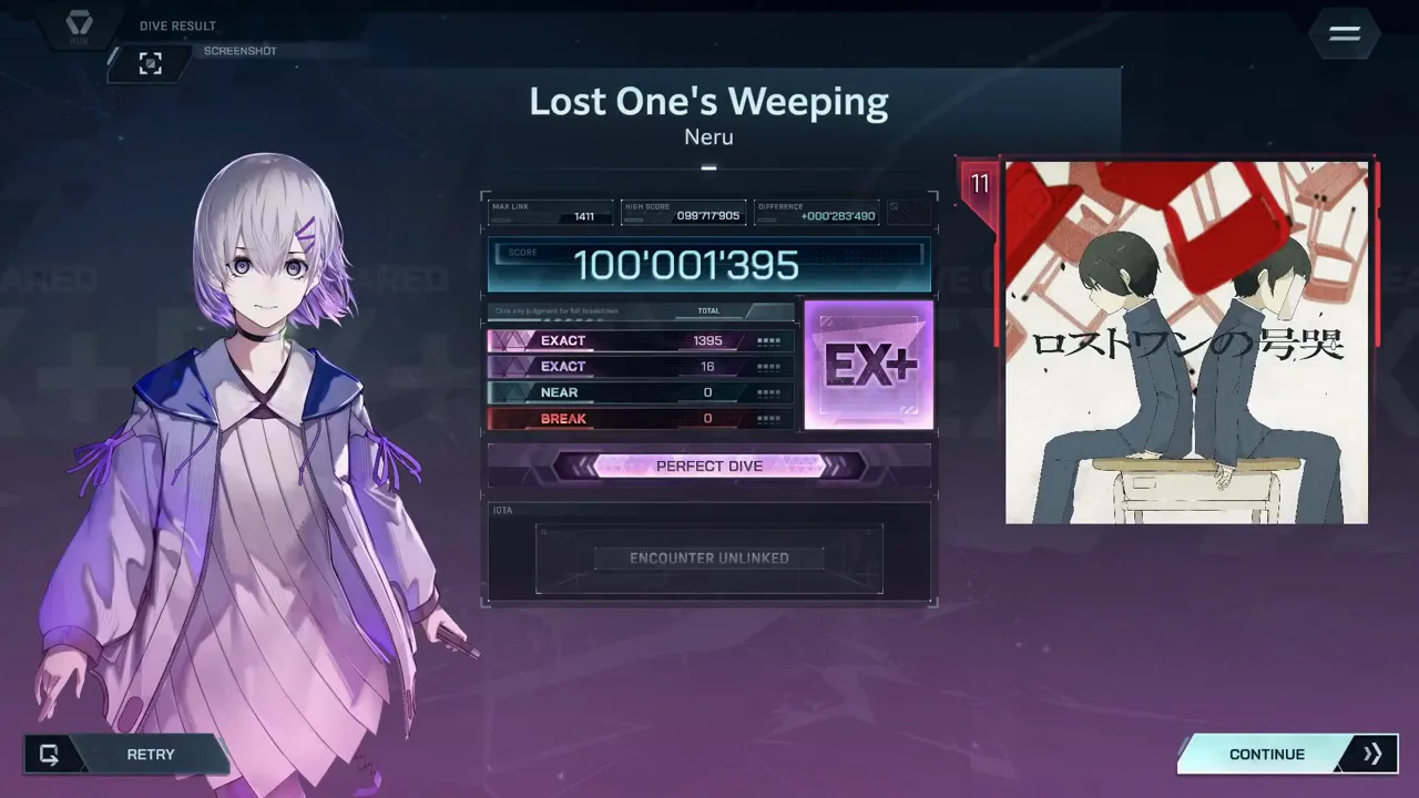 The settled In Falsus DIVE RESULT prints 100'001'395 at rank EX+ for Lost One's Weeping FBD 11 with EXACT 1395 + 16, NEAR 0, BREAK 0 and MAX LINK 1411