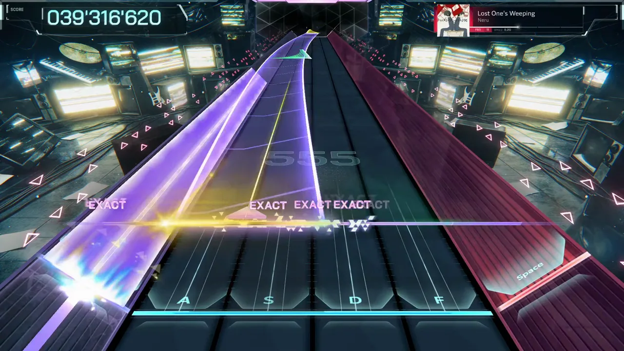 A gold wedge grounds a tall violet wide beam at the In Falsus line with the watermark at 555 and 039'316'620 on the score counter