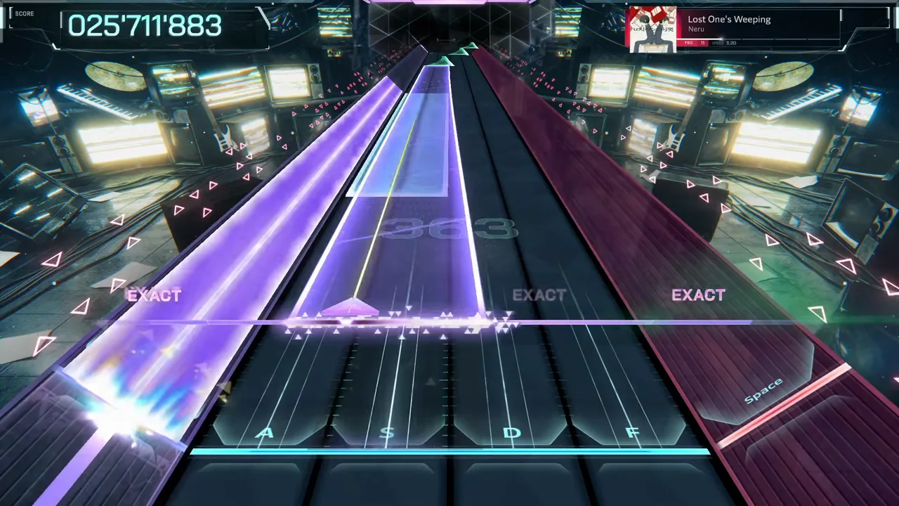 Twin violet wide beams brush the In Falsus line at 025'771'883 while a sparkle trail runs beneath three EXACT calls in the Lost One's Weeping dive