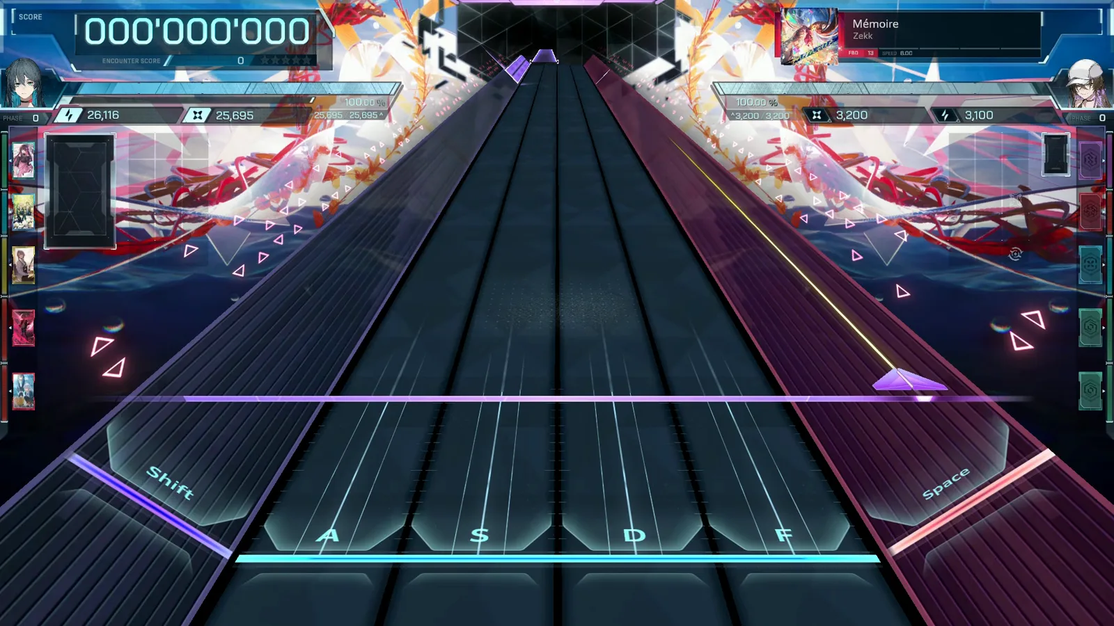 Mémoire FBD 13 opens in In Falsus at Note Speed 6.00 with both duel gauges full and the score still at zero