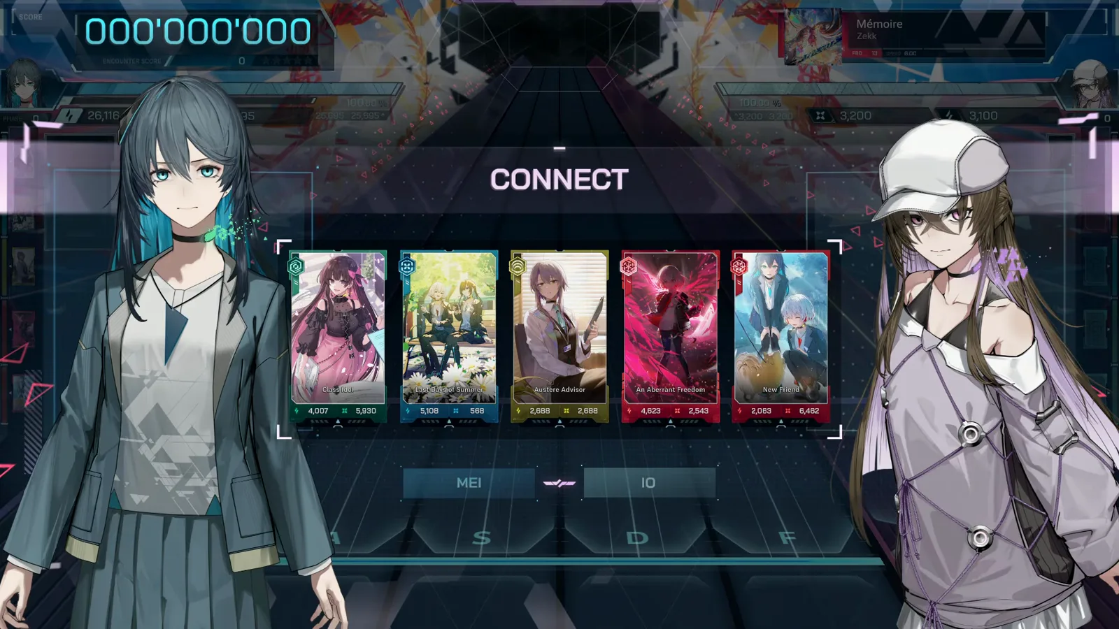 The In Falsus CONNECT screen pairs MEI against IO over a five-card loadout before the Mémoire dive begins