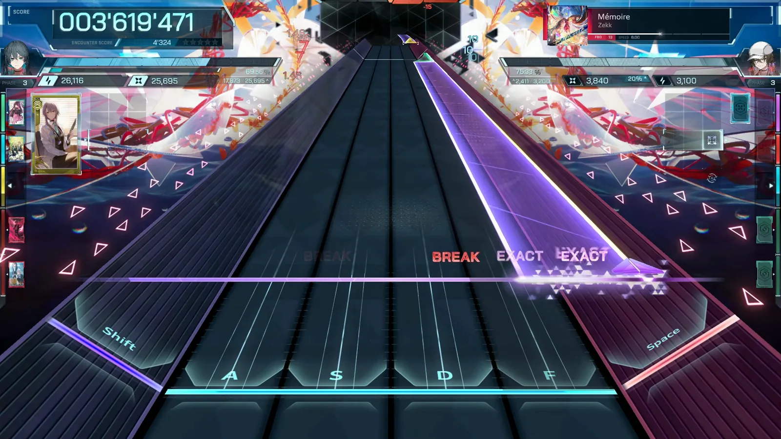 EXACT sparkles land on the right beams while a BREAK shows on the left, In Falsus combo at 145