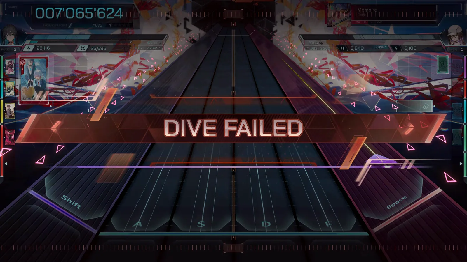 DIVE FAILED sprawls across the darkened In Falsus lanes with the final score locked at 007'065'624