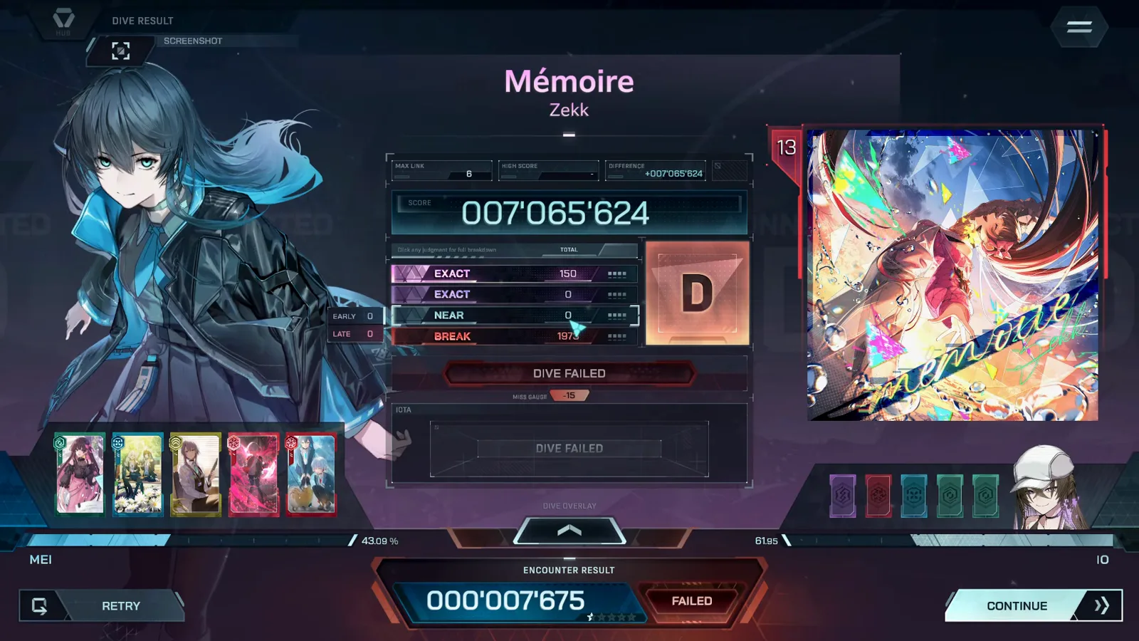 Mémoire's In Falsus result card grades the run D with EXACT 150, NEAR 0, BREAK 1973, encounter 000'007'675 FAILED