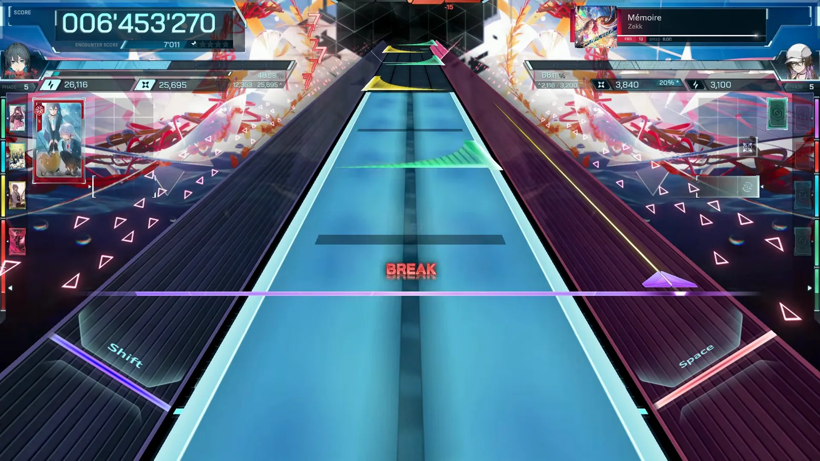 MEI's duel gauge reads 48 percent as a highway-wide cyan hold arrives in PHASE 5 of In Falsus Mémoire