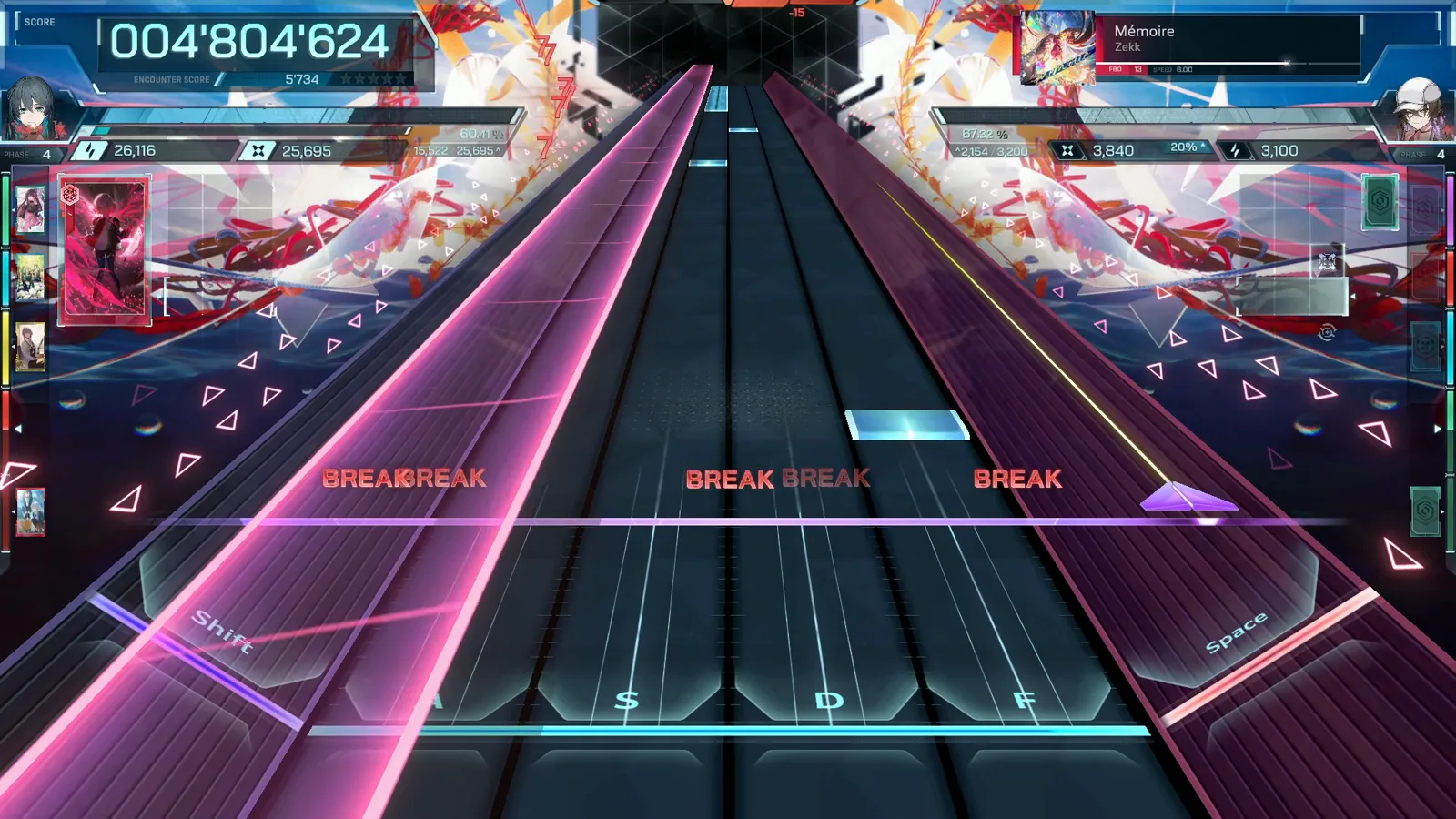 PHASE 4 sends a long pink beam down the left side of the In Falsus highway under four BREAK labels