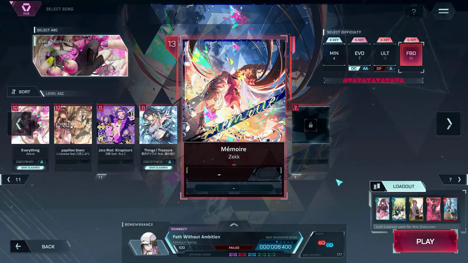 In Falsus SELECT SONG screen for Mémoire, FBD 13 tab lit beside MIN 4, EVO 7 and ULT 11 under the Every Moment arc