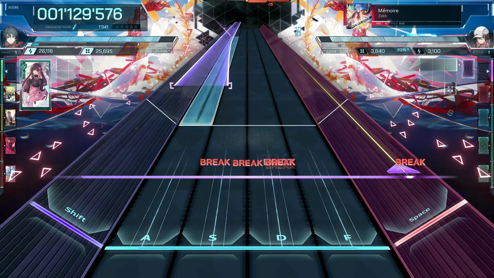 A slanted violet beam crosses a cyan hold while BREAK text stacks up in In Falsus, score 001'129'576