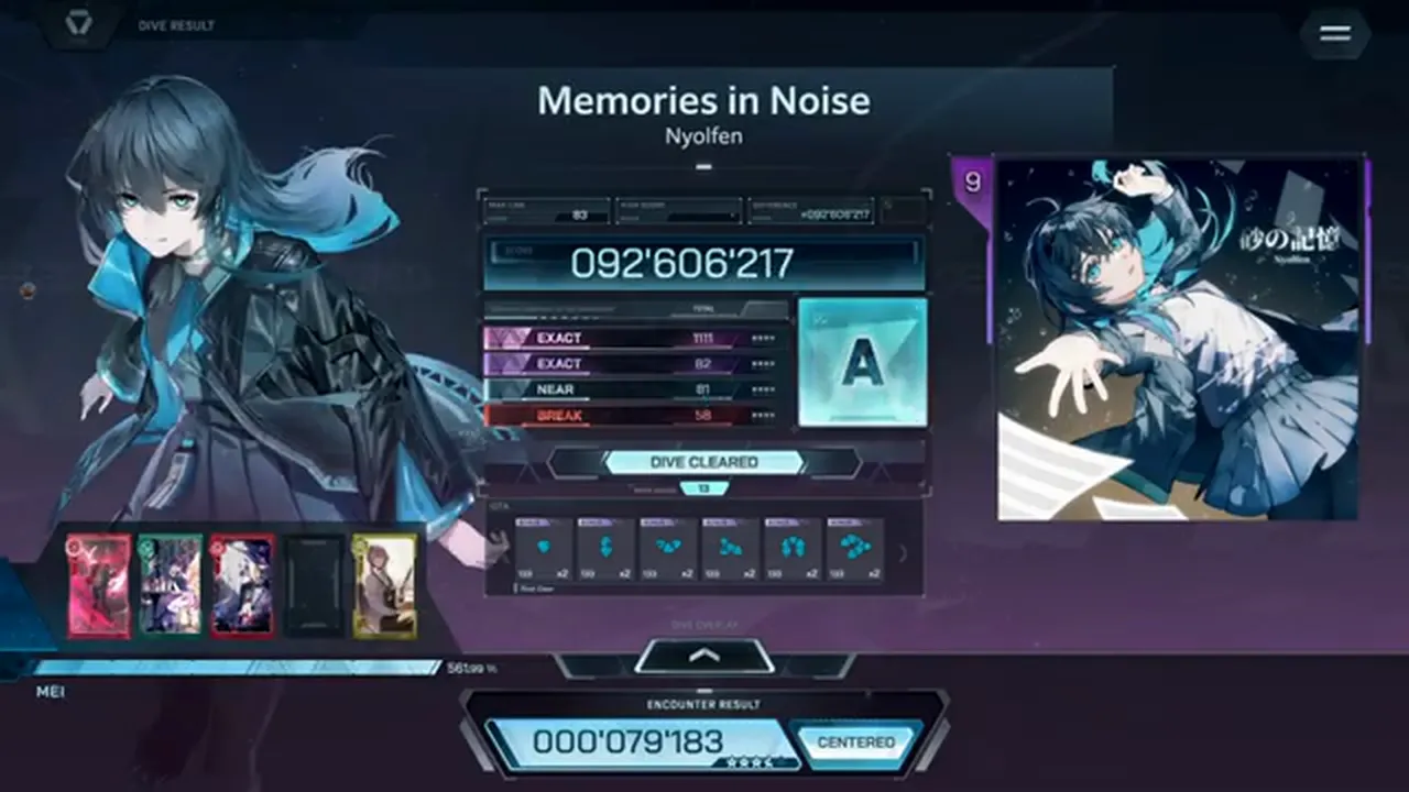 Memories in Noise ULT 9's In Falsus result card settles at 092'606'217 with rank A lit and the 砂の記憶 jacket at right Memories in Noise ULT 9's In Falsus result card settles at 092'606'217 with rank A lit and the 砂の記憶 jacket at right