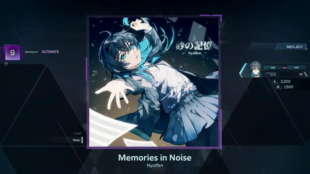 In Falsus song select pins Nyolfen's Memories in Noise with the ULTIMATE 9 tab lit and the REFLECT button at right In Falsus song select pins Nyolfen's Memories in Noise with the ULTIMATE 9 tab lit and the REFLECT button at right