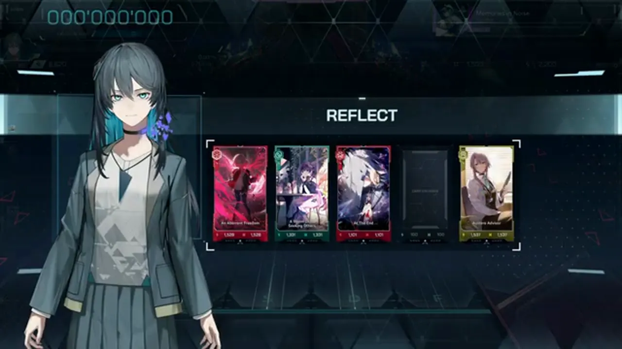 The REFLECT screen at 000'000'000 shows Mei and a five-slot deck with one empty card slot in In Falsus The REFLECT screen at 000'000'000 shows Mei and a five-slot deck with one empty card slot in In Falsus