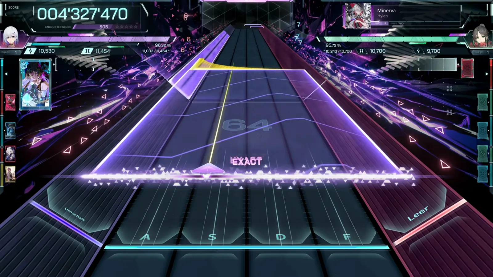 A wide violet slab spans four In Falsus lanes at chain 64 for an EXACT in Minerva ULT 9's opening minute A wide violet slab spans four In Falsus lanes at chain 64 for an EXACT in Minerva ULT 9's opening minute