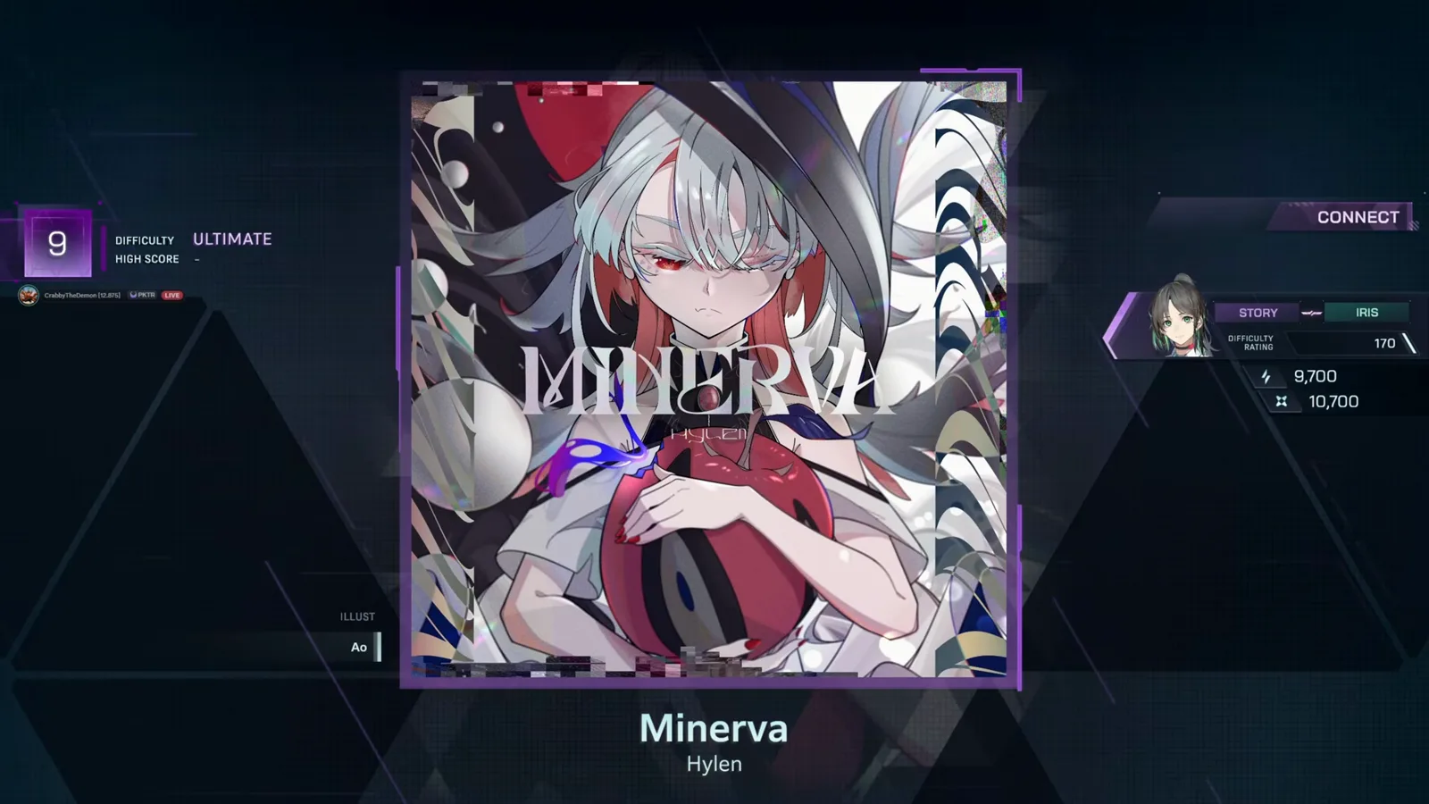 In Falsus song select pins Minerva's ULTIMATE 9 card with an empty HIGH SCORE field before the first dive In Falsus song select pins Minerva's ULTIMATE 9 card with an empty HIGH SCORE field before the first dive