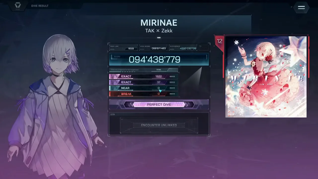 The result card counts through 094'438'779 with its EX+ box still dark — a mid-roll frame, not the final score