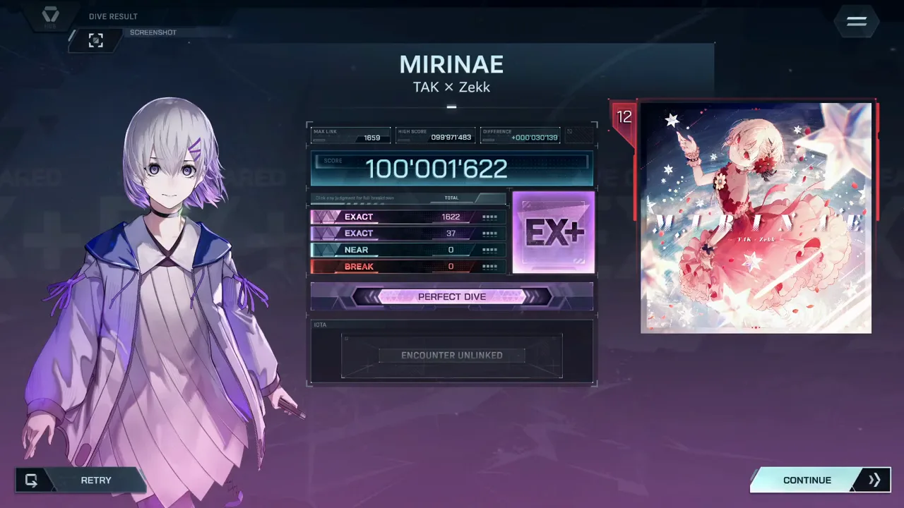 MIRINAE's settled card shows 100'001'622 at EX+ with EXACT 1622 + 37 and MAX LINK 1659 beside the level-12 jacket