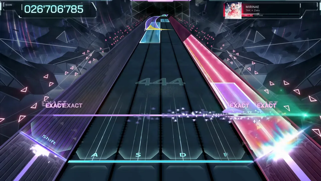 Twin magenta laser sheets cross the In Falsus highway at 026'706'785 with the watermark standing at 444
