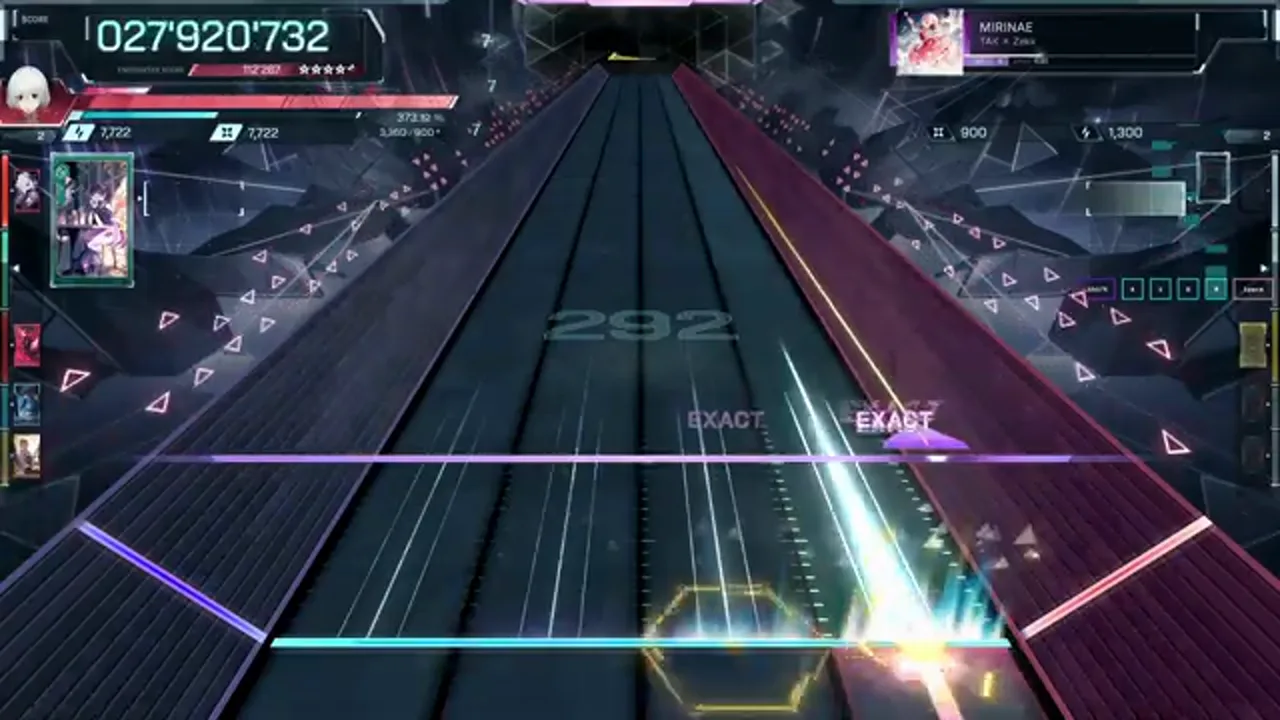 A hexagonal hold knob waits at the foot of a beam hit scoring EXACT EXACT at 027'920'732 in MIRINAE ULT 9