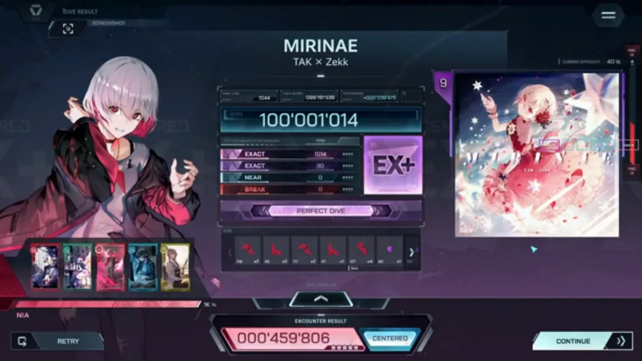 MIRINAE ULT 9's In Falsus result card: rank EX+, MAX LINK 1044, and EXACT 1,014 + 30 with zero NEAR and BREAK