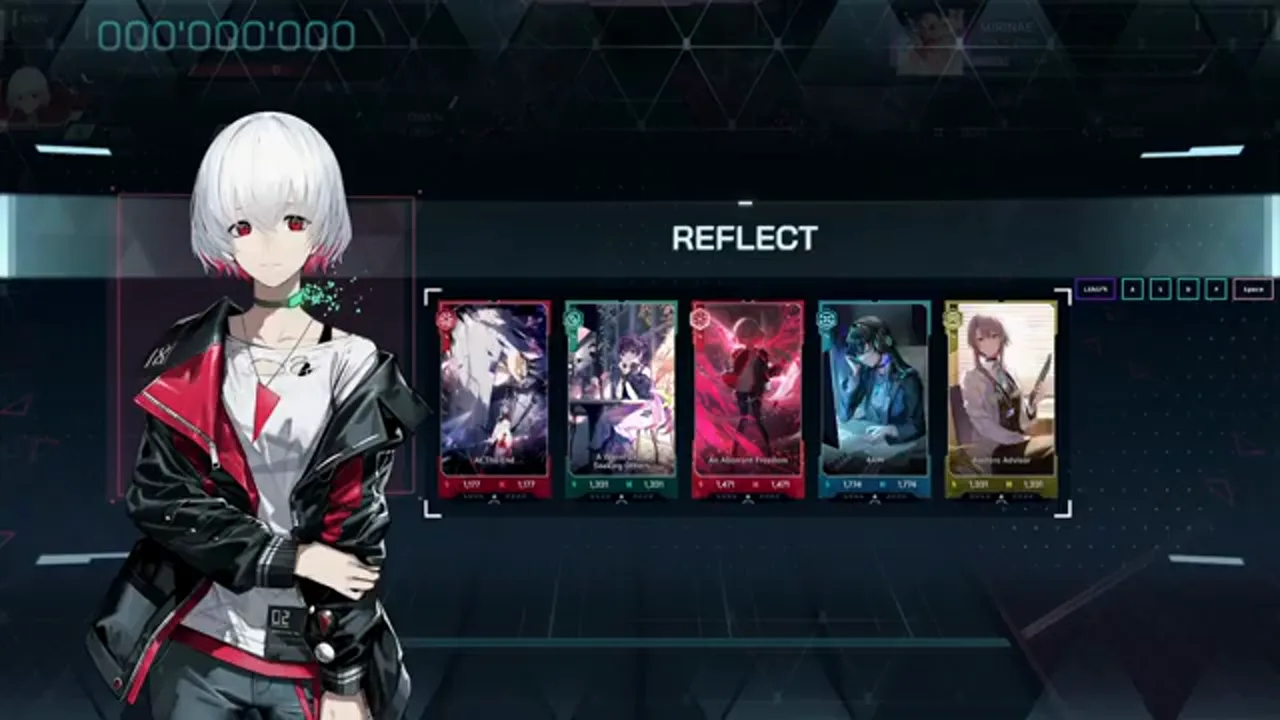The REFLECT deck screen in In Falsus shows five filled card slots beside Nia before the MIRINAE dive starts