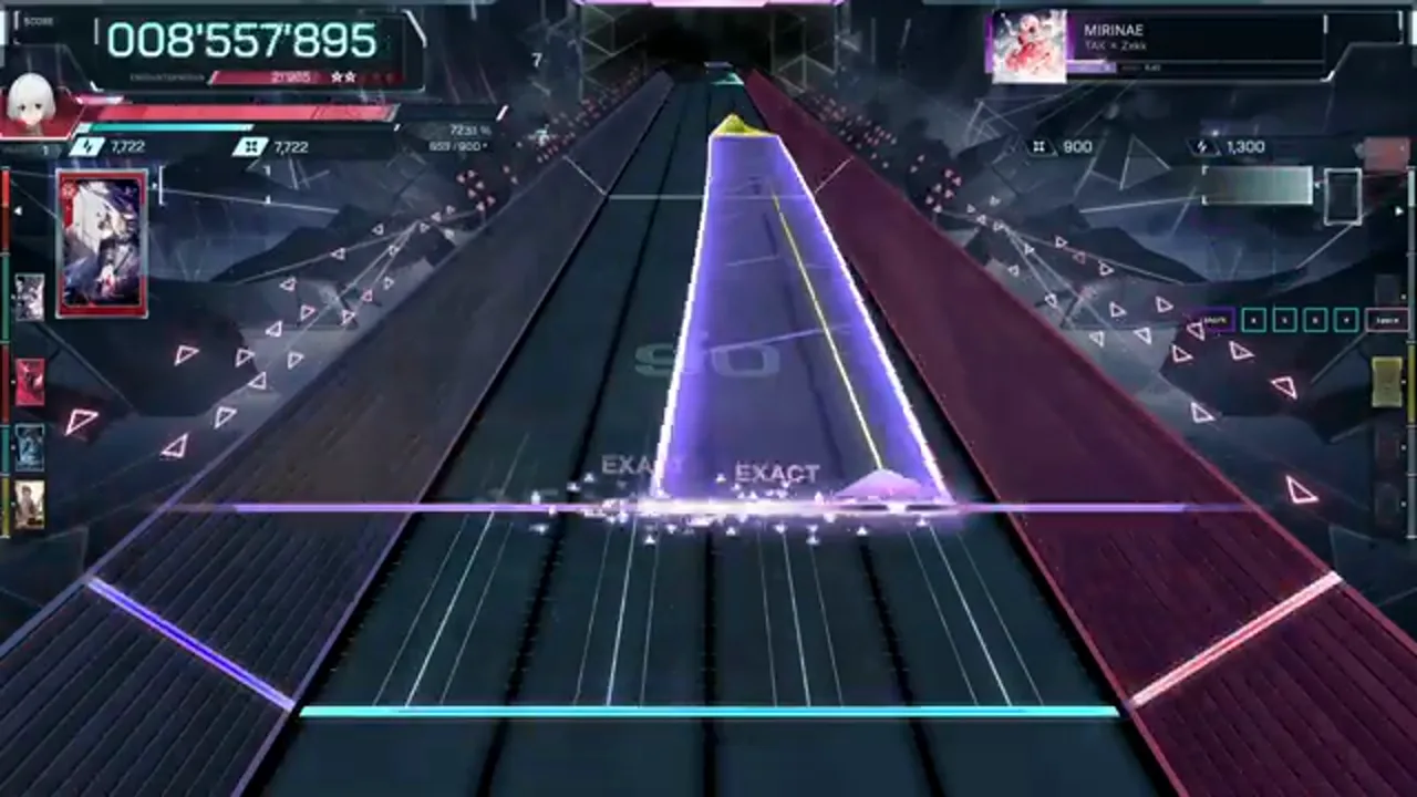 A wide violet beam with a yellow snap line inside rides down the center of the MIRINAE ULT 9 highway in In Falsus