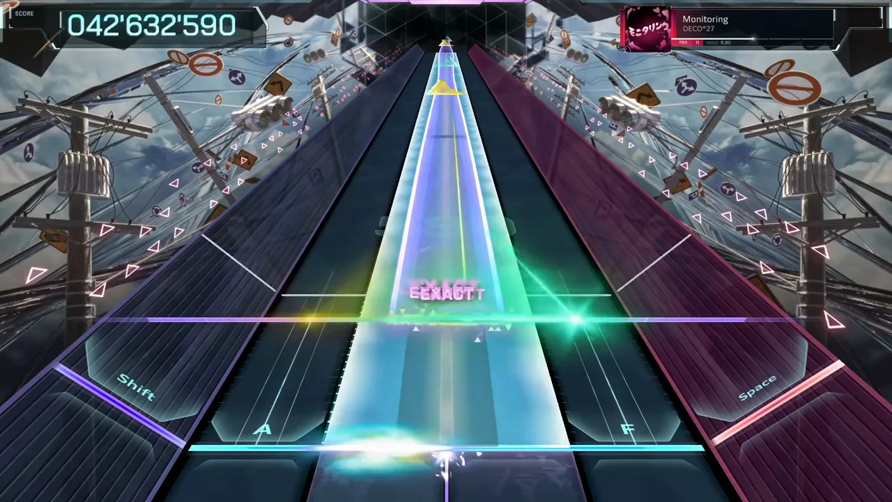A full-width cyan field beam floods the In Falsus lanes at 042'632'590 with a green laser sweeping the right edge