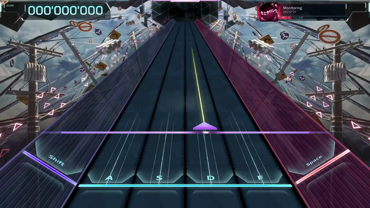 In Falsus HUD at zero score shows the Monitoring song chip reading FBD 11 and SPEED 5.20 over the pylon stage