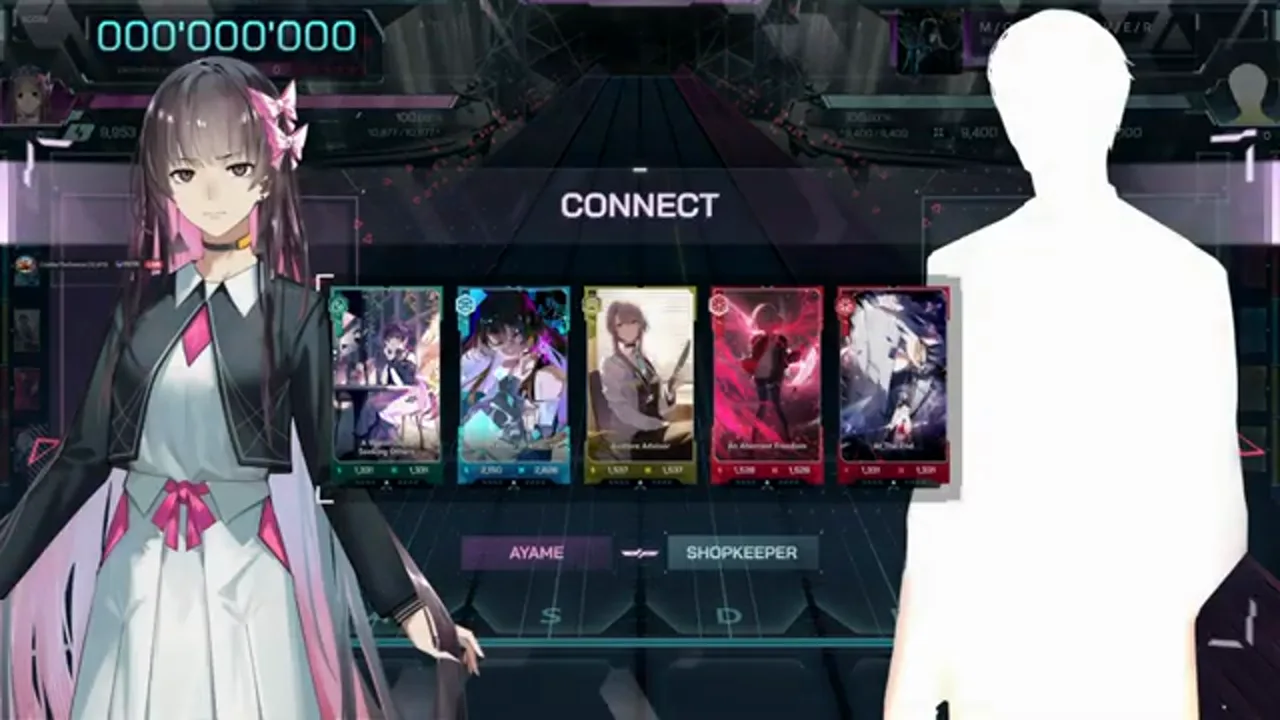 The CONNECT deck screen in In Falsus seats Ayame's five set cards across from the Shopkeeper silhouette at zero score The CONNECT deck screen in In Falsus seats Ayame's five set cards across from the Shopkeeper silhouette at zero score