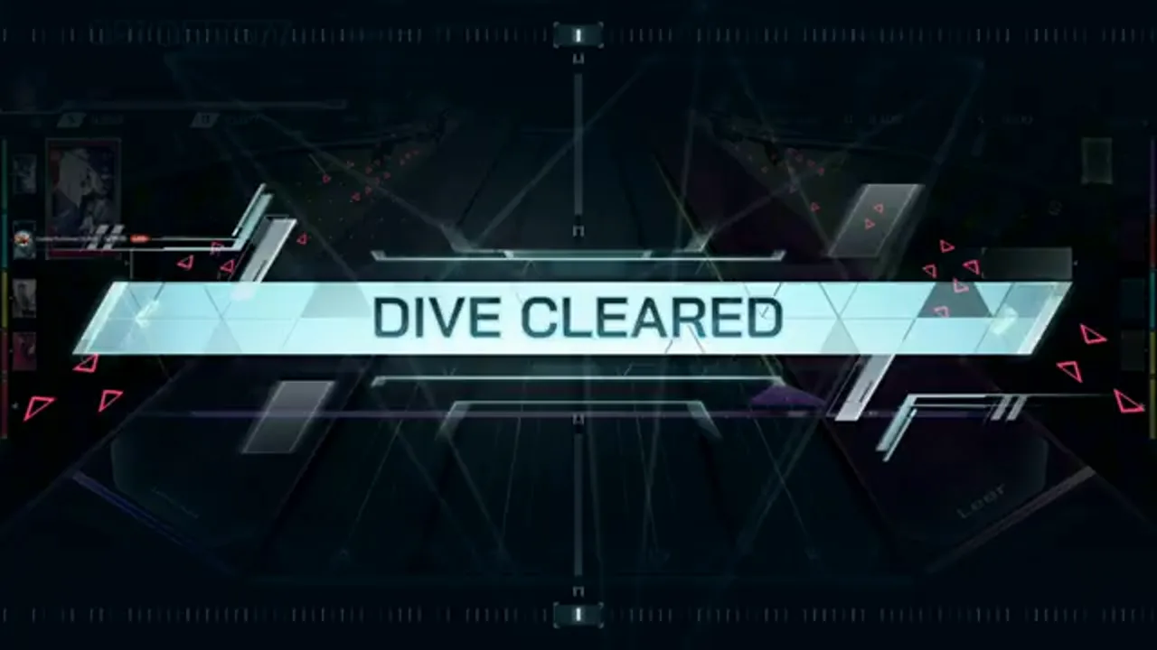 The cyan DIVE CLEARED banner crosses In Falsus's emptied highway with the score counter frozen at 091'055'577 The cyan DIVE CLEARED banner crosses In Falsus's emptied highway with the score counter frozen at 091'055'577