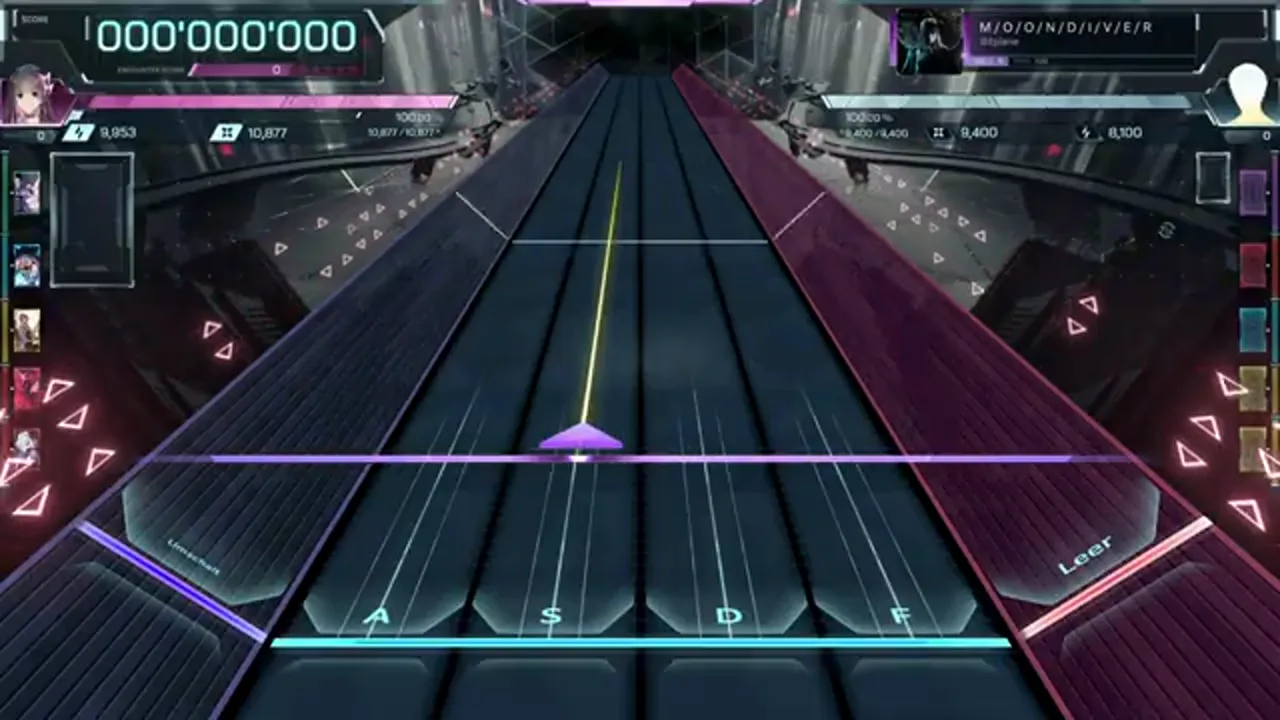 A purple field note rides the center lane at 000'000'000 over an In Falsus rail with German-labeled wide lanes A purple field note rides the center lane at 000'000'000 over an In Falsus rail with German-labeled wide lanes