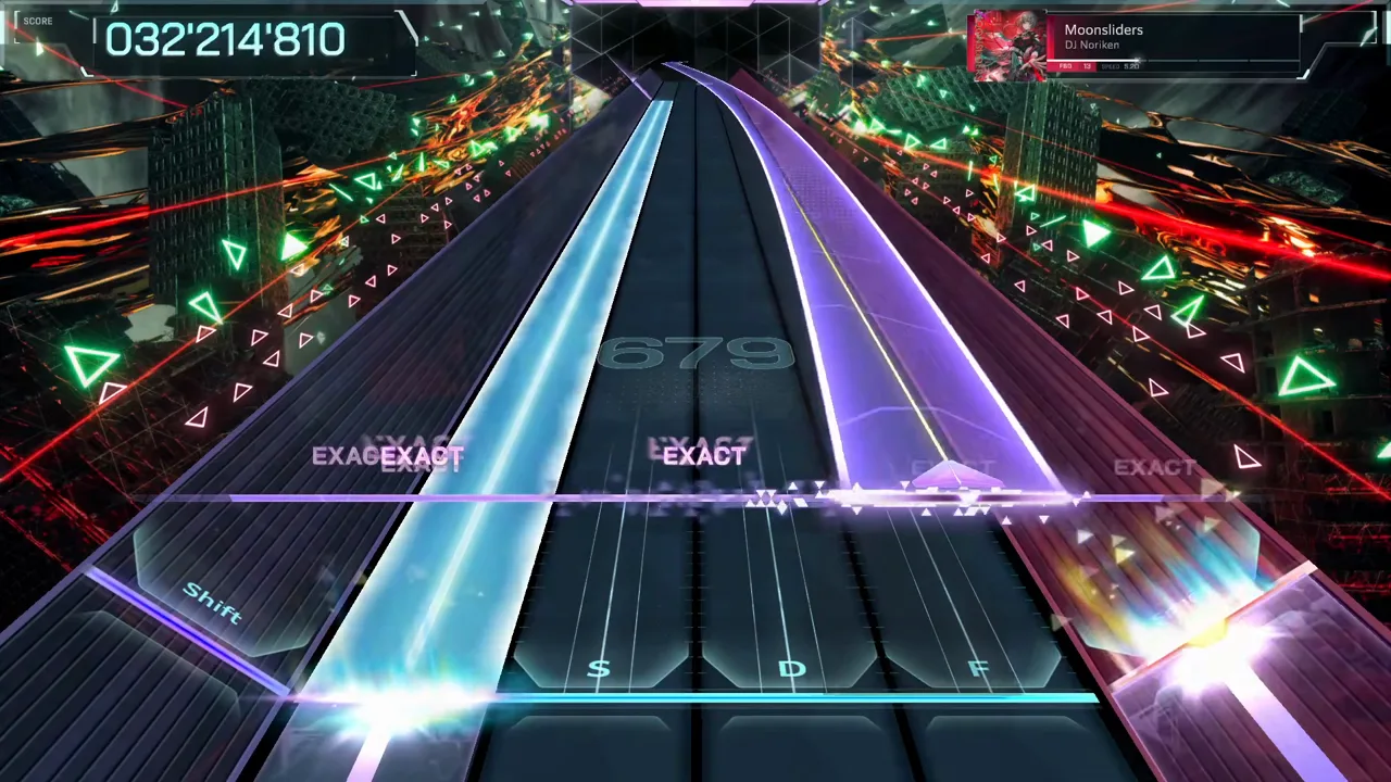 A violet ribbon beam crosses from the left lanes at 032'214'810 as the In Falsus watermark stands at 679