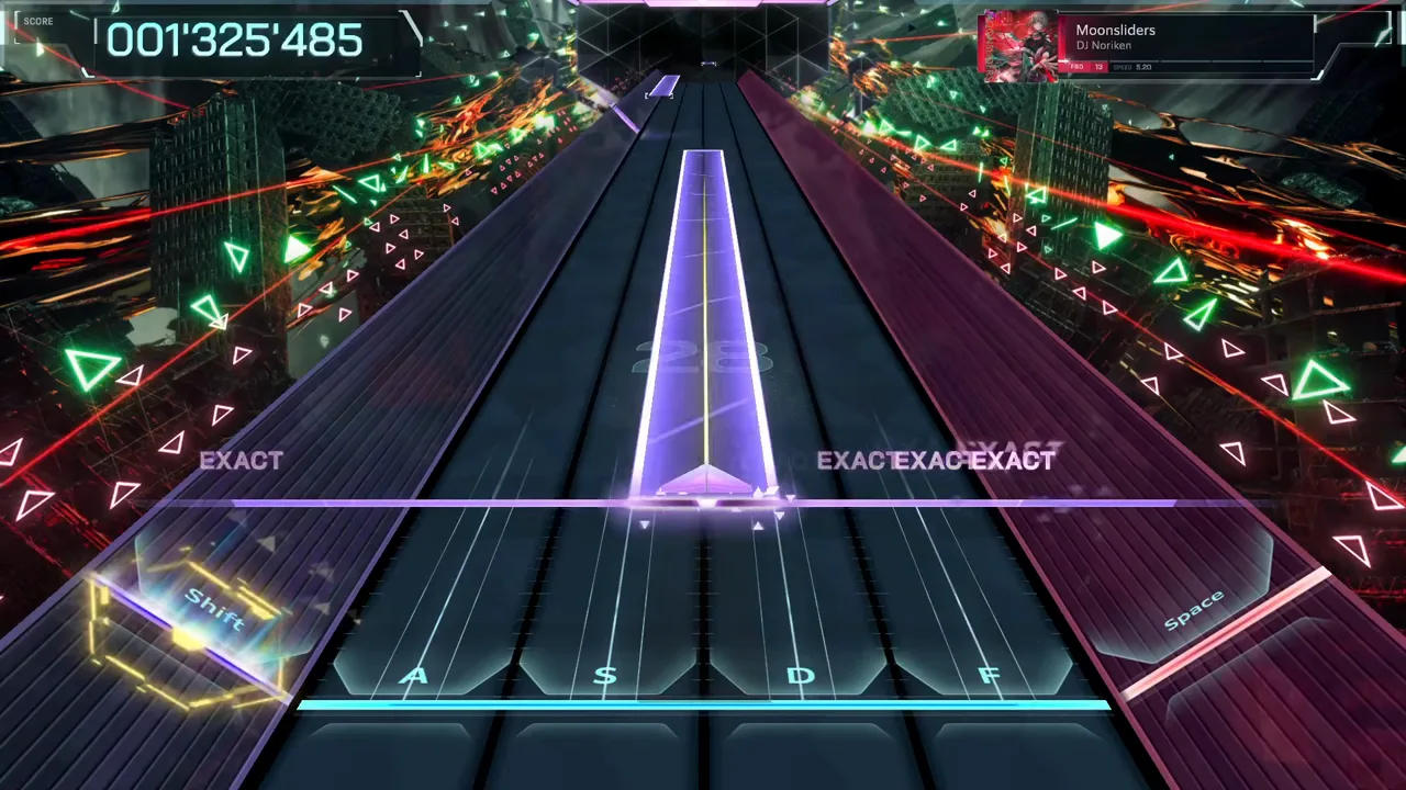 The first EXACT judgments ring at 001'325'485 as a narrow violet beam crosses the line in Moonsliders FBD 13