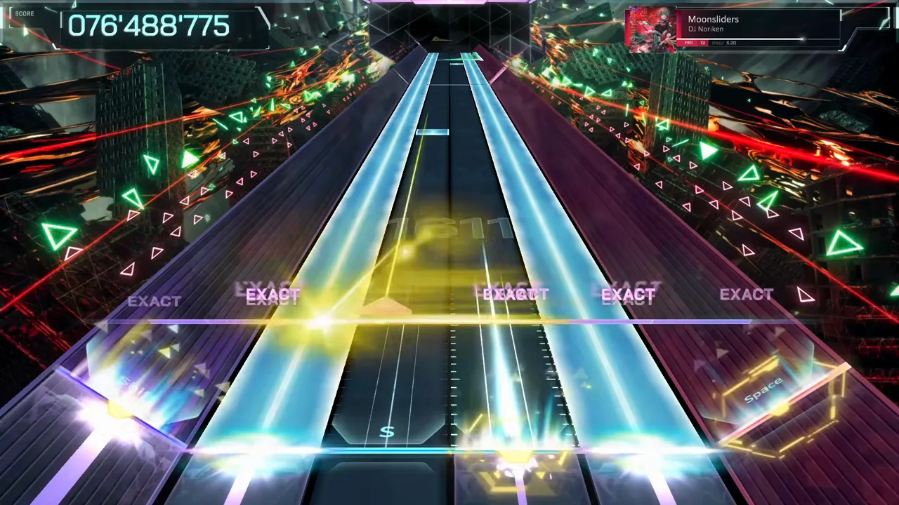 A gold laser sweeps the In Falsus lanes at 076'488'775 while six EXACT calls share the line in Moonsliders FBD 13