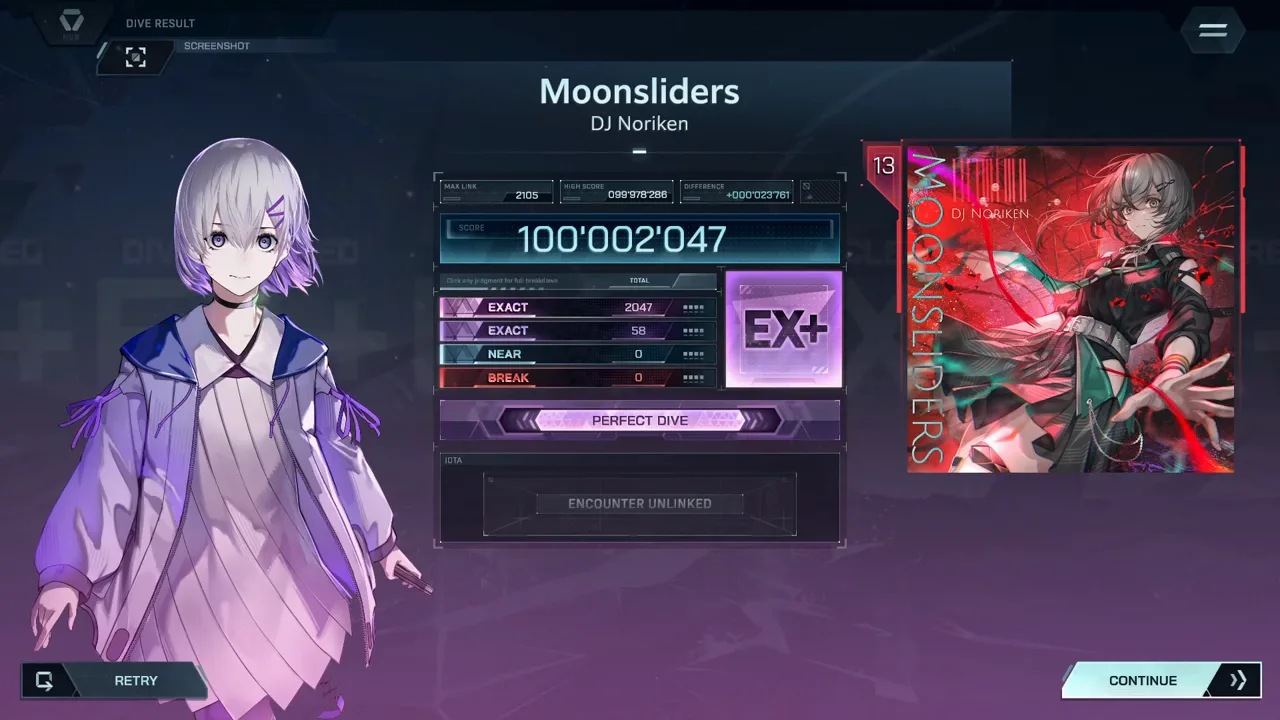 In Falsus DIVE RESULT settles Moonsliders FBD 13 at 100'002'047 rank EX+ with EXACT 2047 plus 58 and MAX LINK 2105