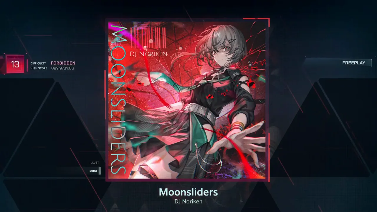 In Falsus song select pins Moonsliders at FORBIDDEN 13 with HIGH SCORE 099'978'286 and the sena jacket credit