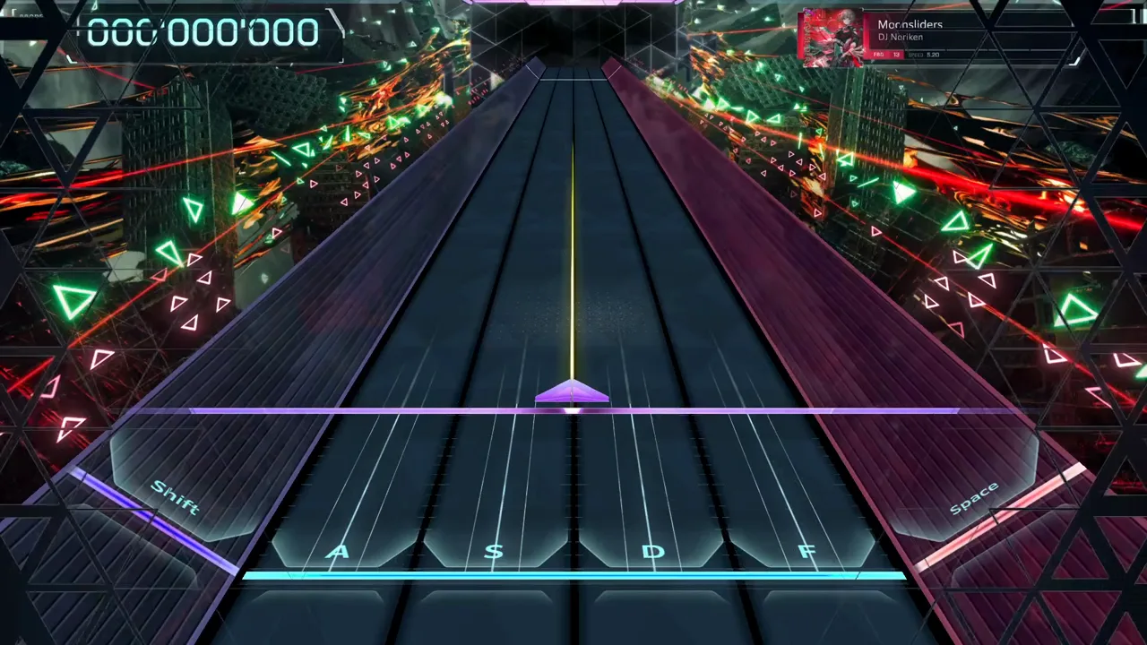 In Falsus HUD at zero score shows the Moonsliders song chip reading FBD 13 and SPEED 5.20 over the neon canyon stage