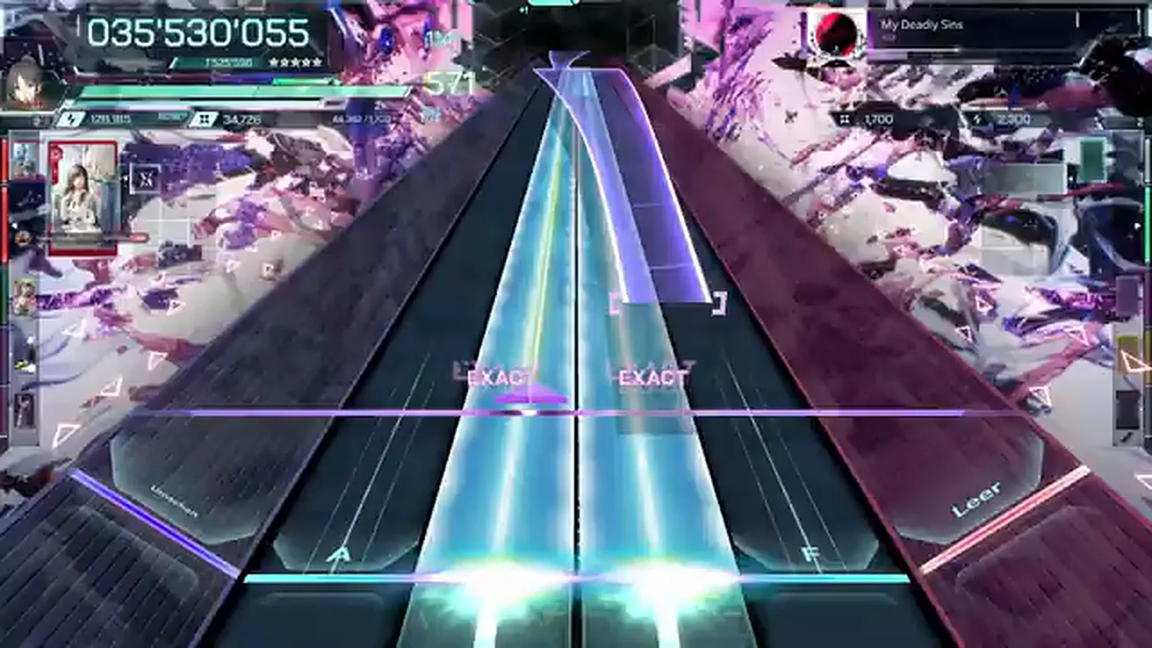 Three cyan beams land together at 035'550'055 in the first minute of My Deadly Sins ULT 9 in In Falsus