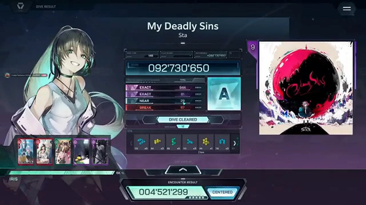 A settled My Deadly Sins ULT 9 card in In Falsus: 092'730'650, Rank A lit, the four judgment rows readable on film