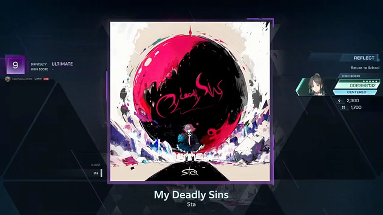 My Deadly Sins song card in In Falsus with the ULT 9 badge above Sta’s red-and-black SInS jacket art