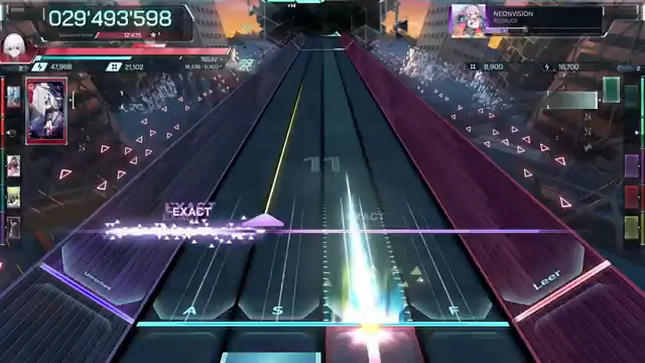 A cyan beam burns white across NEONViSION's center lanes at 029'493'598 in In Falsus A cyan beam burns white across NEONViSION's center lanes at 029'493'598 in In Falsus