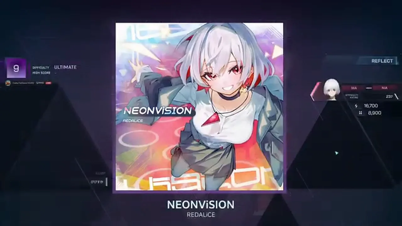 In Falsus opens NEONViSION's song card in the dark, white-haired jacket figure over REDALiCE's credit In Falsus opens NEONViSION's song card in the dark, white-haired jacket figure over REDALiCE's credit