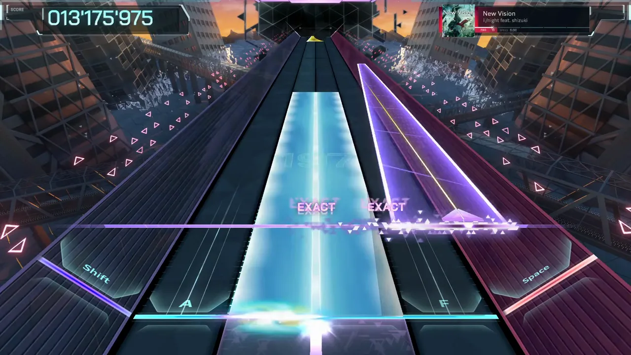 A cyan field beam covers the center lanes beside a violet wide beam at 013'175'975 in In Falsus New Vision FBD 11